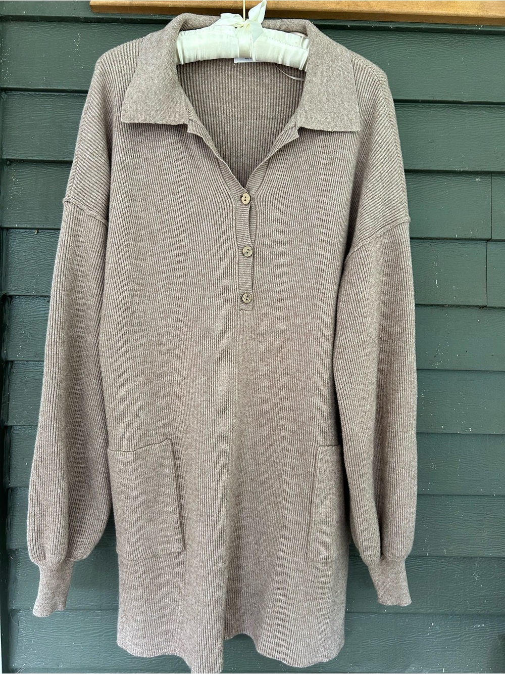 Bluivy Cozy Ribbed V-Neck Sweater Tunic Dress - Taupe